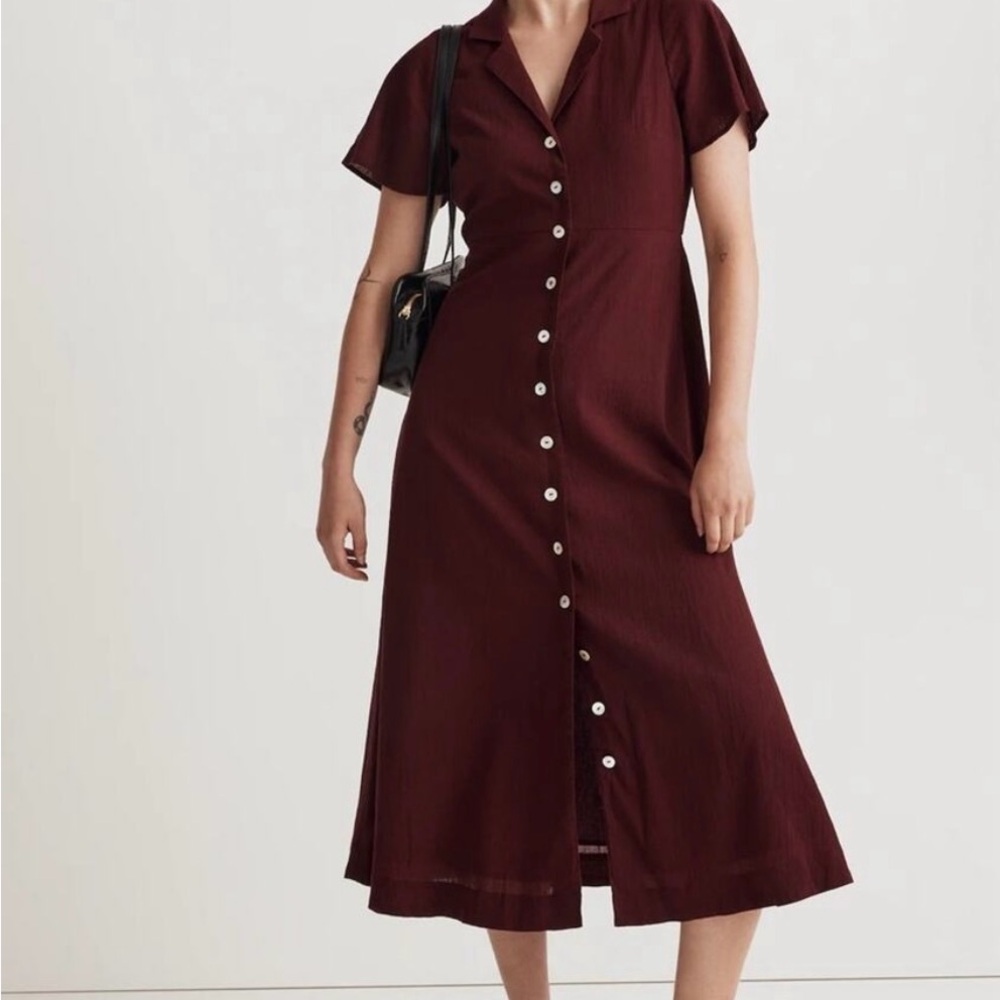 Madewell crinkle cotton button front midi dress collared Cabernet size: 8